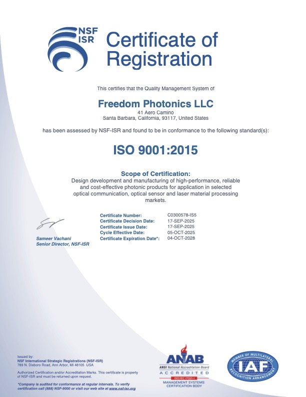 Freedom Photonics, LLC — NSF Certificate